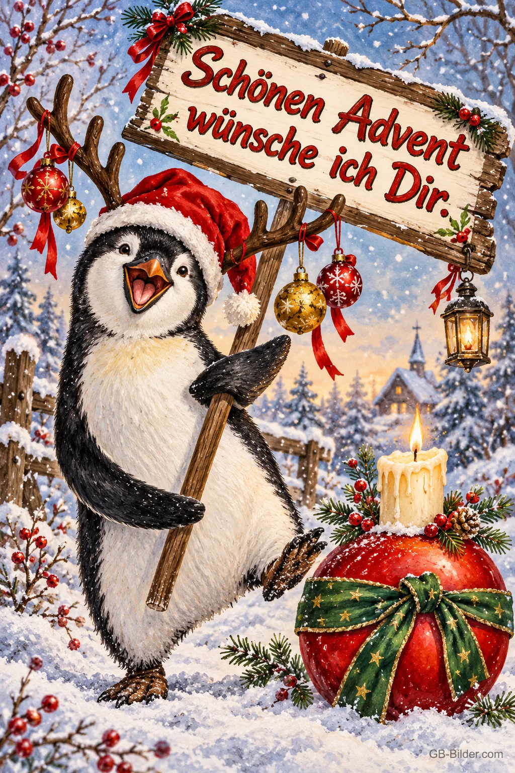 Pinguin mit Weihnachtsmütze und Geweih hält ein Holzschild, daneben brennende Kerze auf Weihnachtskugel, Text: Schönen Advent wünsche ich Dir.
