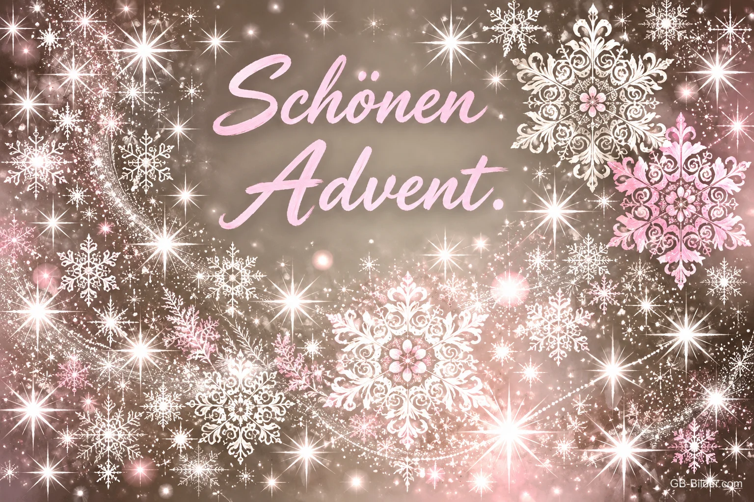 Funkelnde Schneeflocken und Lichter in Rosa und Silber, Text: Schönen Advent. Funkelnde Schneeflocken und Lichter in Rosa und Silber, Text: Schönen Advent.