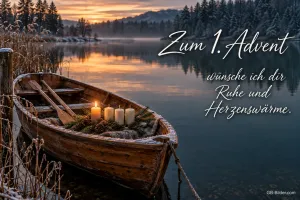 Ruderboot mit Adventskranz an einem winterlichen See im Abendlicht, Text: Zum 1. Advent wünsche ich dir Ruhe und Herzenswärme.