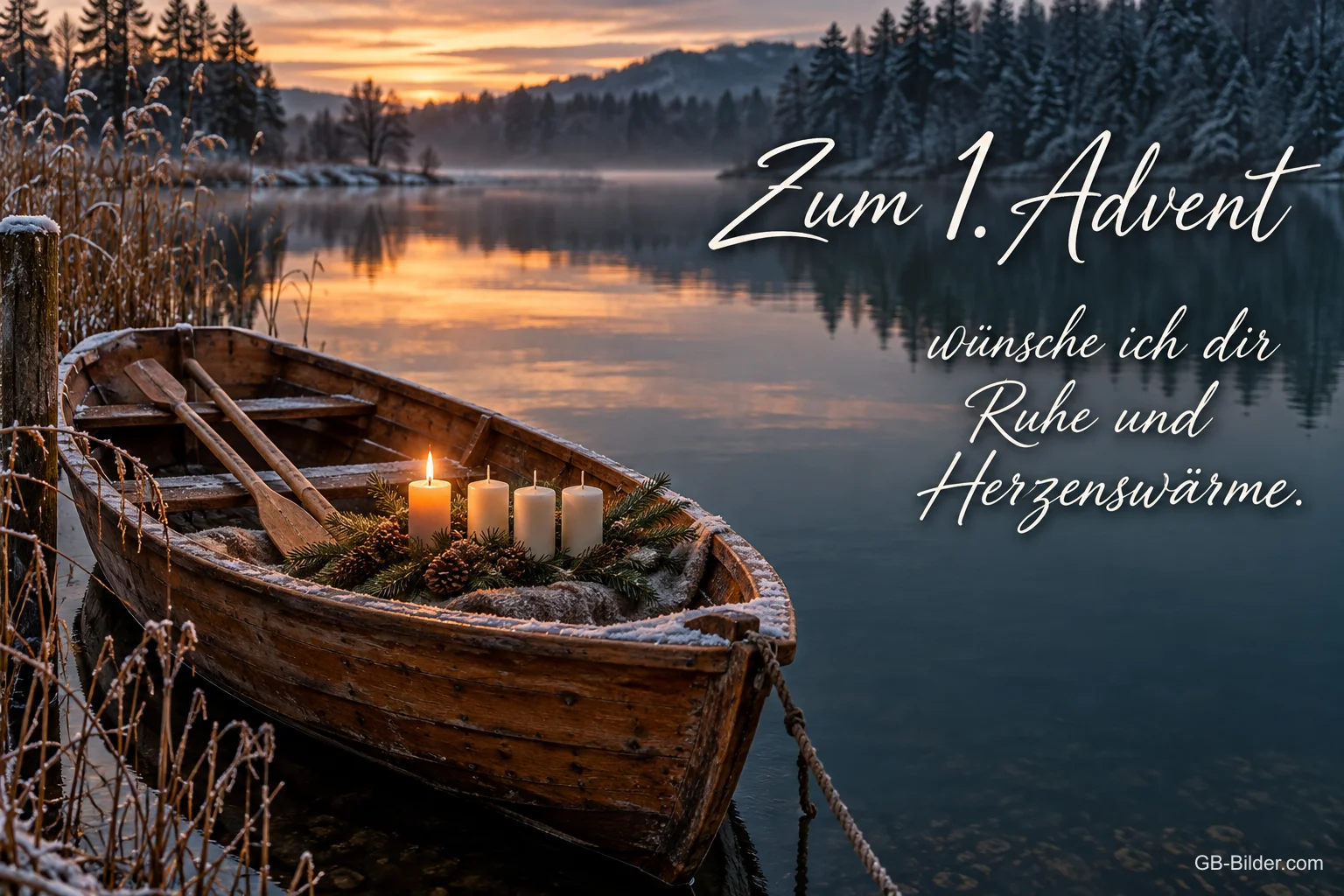 Ruderboot mit Adventskranz an einem winterlichen See im Abendlicht, Text: Zum 1. Advent wünsche ich dir Ruhe und Herzenswärme. Ruderboot mit Adventskranz an einem winterlichen See im Abendlicht, Text: Zum 1. Advent wünsche ich dir Ruhe und Herzenswärme.