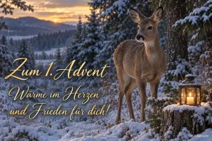 Reh im verschneiten Wald neben einer Laterne bei Sonnenuntergang, Text: Zum 1. Advent – Wärme im Herzen und Frieden für dich!