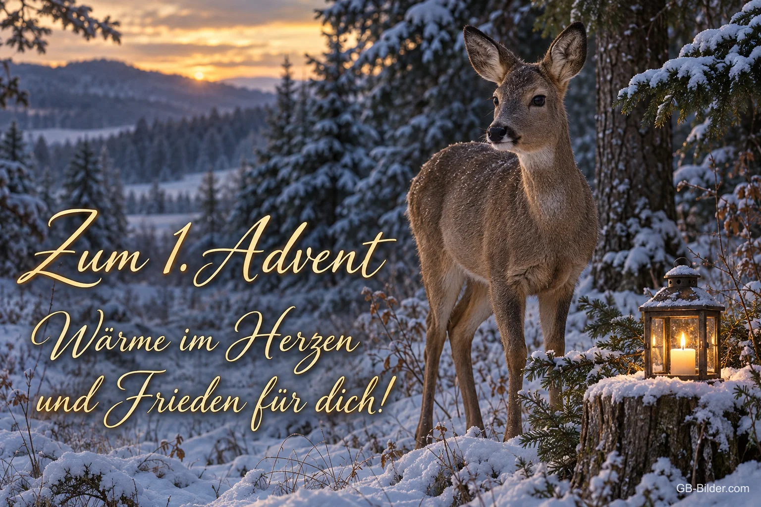 Reh im verschneiten Wald neben einer Laterne bei Sonnenuntergang, Text: Zum 1. Advent – Wärme im Herzen und Frieden für dich! Reh im verschneiten Wald neben einer Laterne bei Sonnenuntergang, Text: Zum 1. Advent – Wärme im Herzen und Frieden für dich!