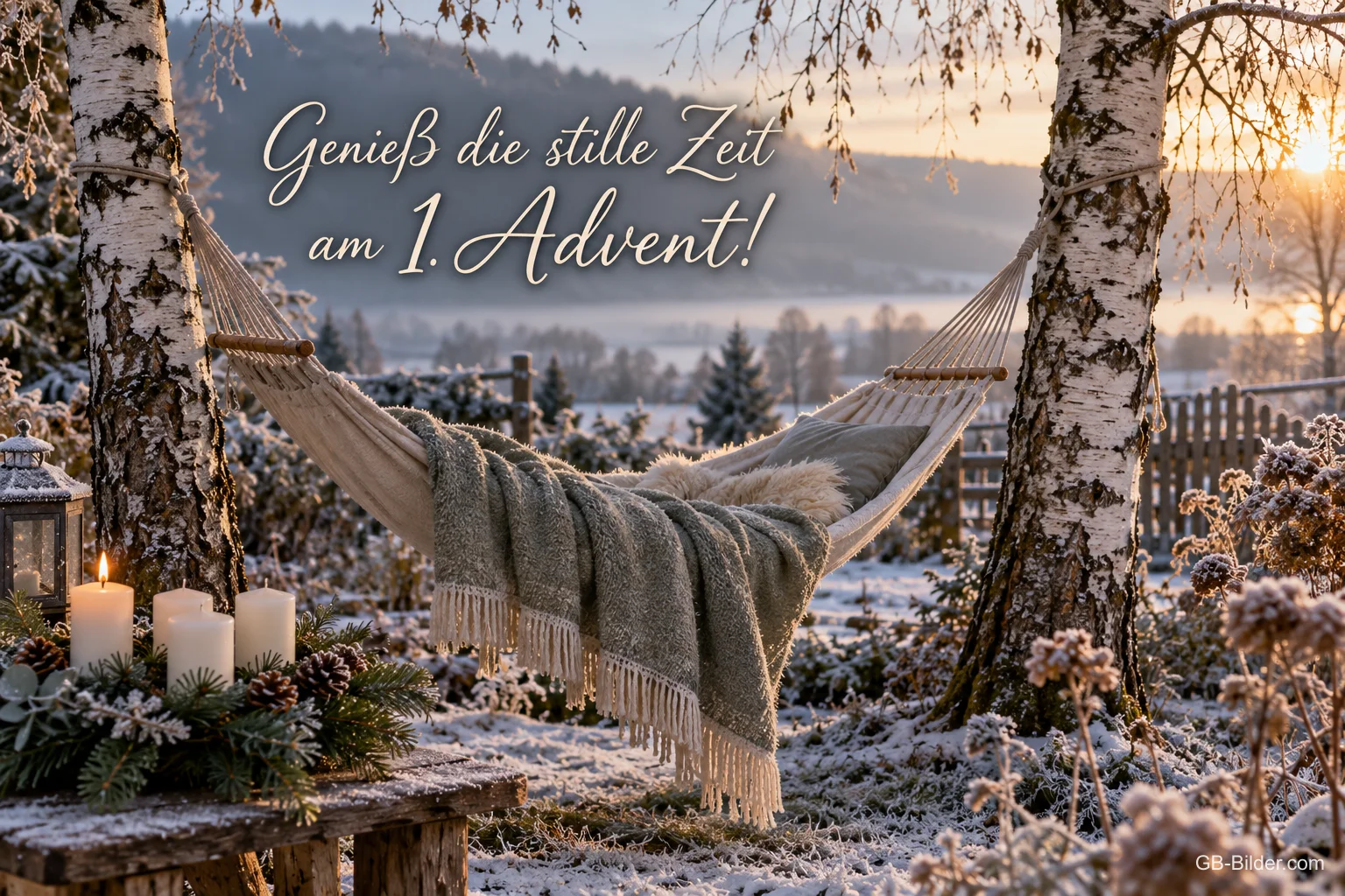 Hängematte mit Decke zwischen Birken im frostigen Garten, davor Adventskerzen, Text: Genieß die stille Zeit am 1. Advent! Hängematte mit Decke zwischen Birken im frostigen Garten, davor Adventskerzen, Text: Genieß die stille Zeit am 1. Advent!