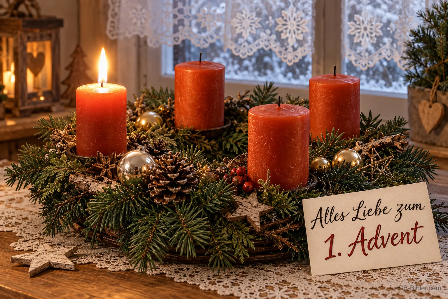 Adventskranz mit vier roten Kerzen auf Spitzendecke, eine brennt, Text: Alles Liebe zum 1. Advent Adventskranz mit vier roten Kerzen auf Spitzendecke, eine brennt, Text: Alles Liebe zum 1. Advent