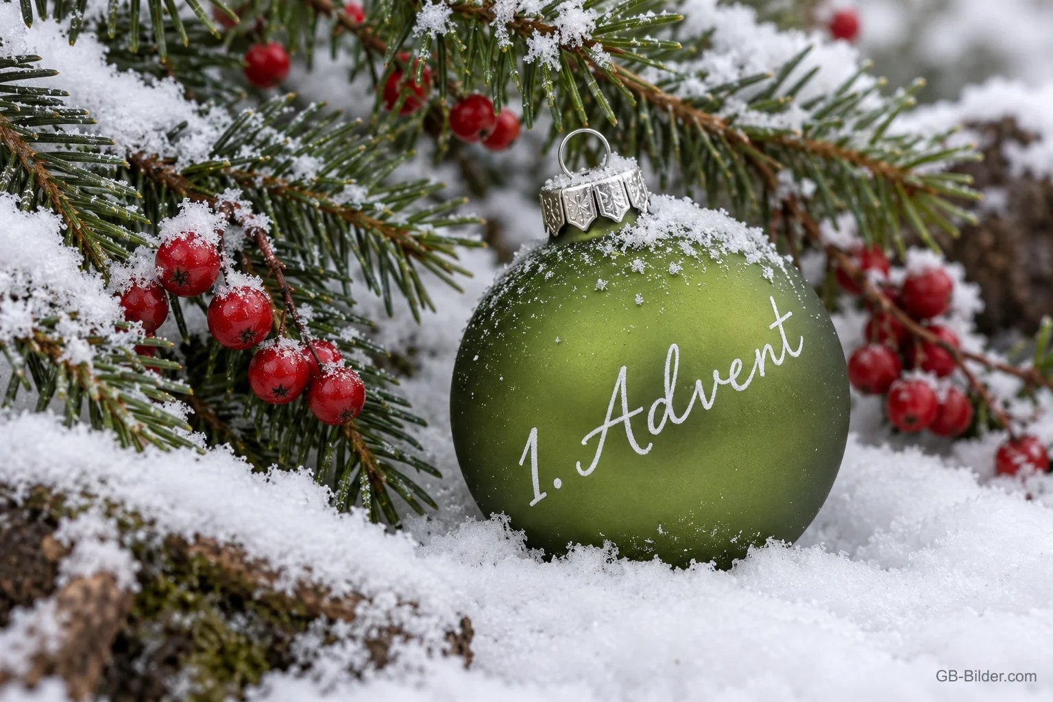 Grüne Christbaumkugel im Schnee mit Tannenzweigen, Text: 1. Advent