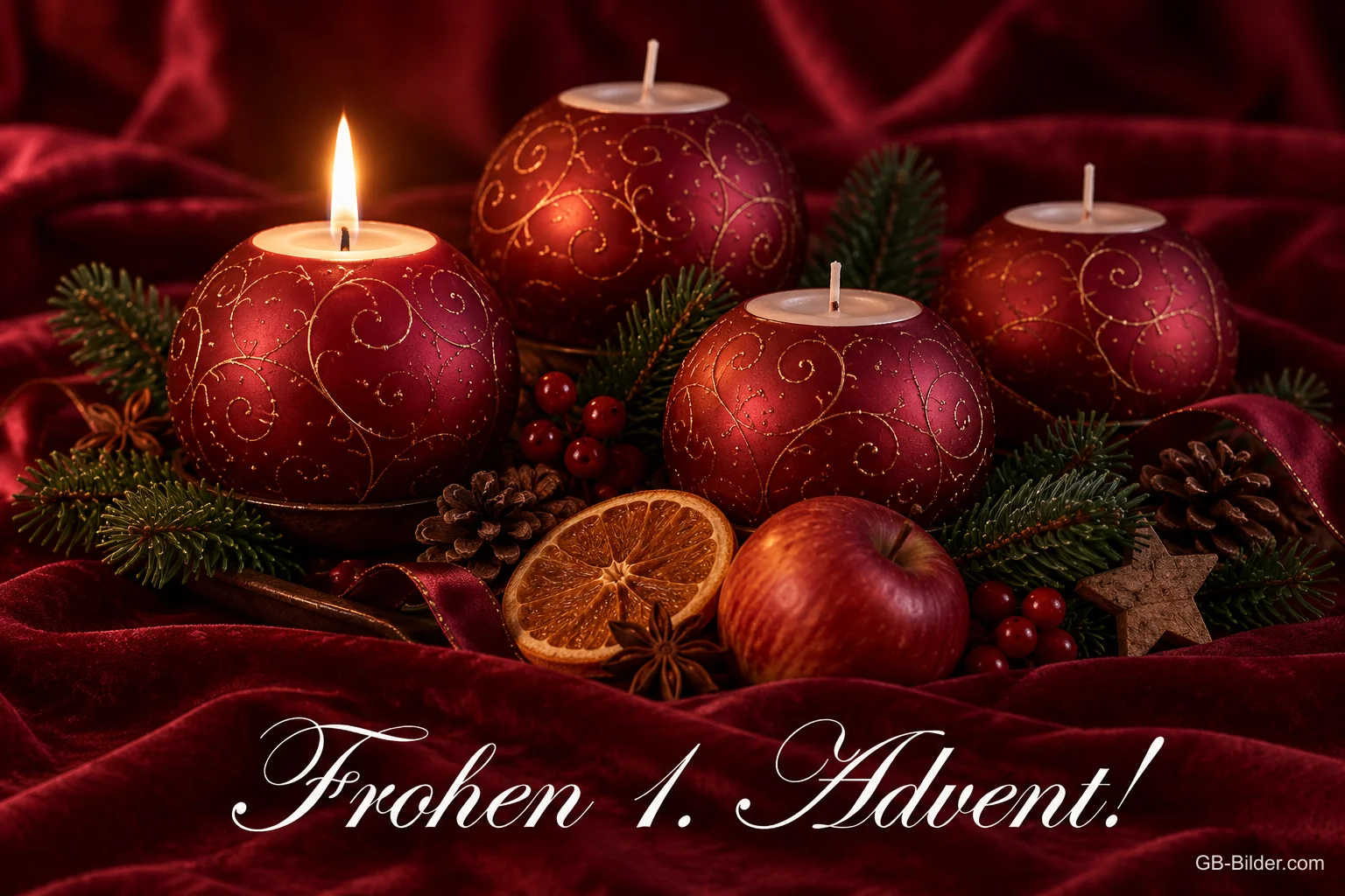 Rote Kugelkerzen mit Tannenzweigen und Äpfeln, Text: Frohen 1. Advent!