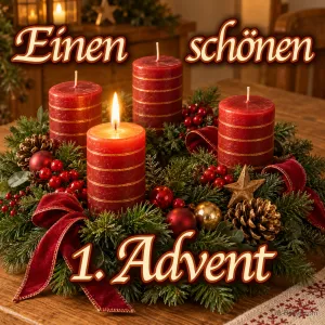 Adventskranz mit einer brennenden roten Kerze, Text: Einen schönen 1. Advent