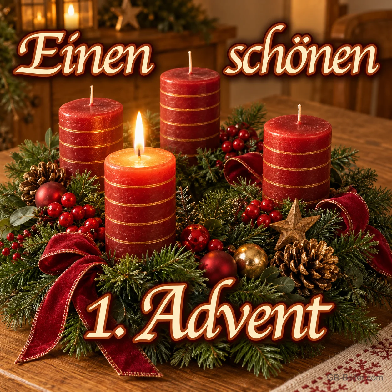 Adventskranz mit einer brennenden roten Kerze, Text: Einen schönen 1. Advent
