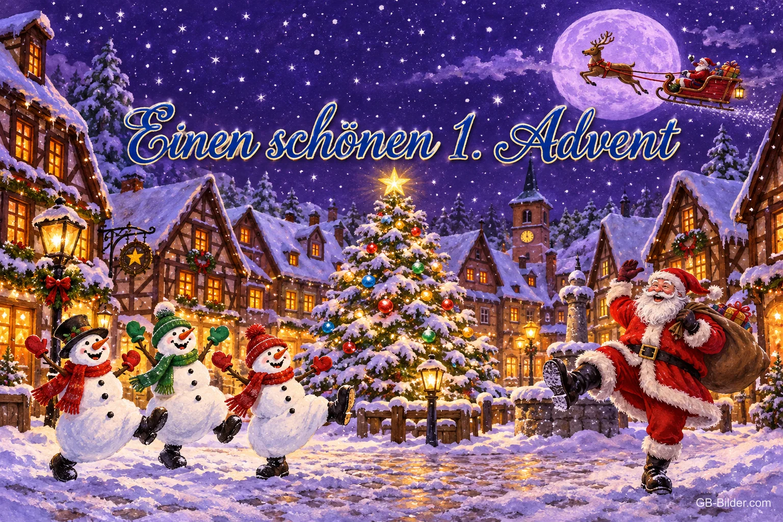 Verschneites Fachwerkdorf mit Tannenbaum, tanzenden Schneemännern und Weihnachtsmann, Text: Einen schönen 1. Advent