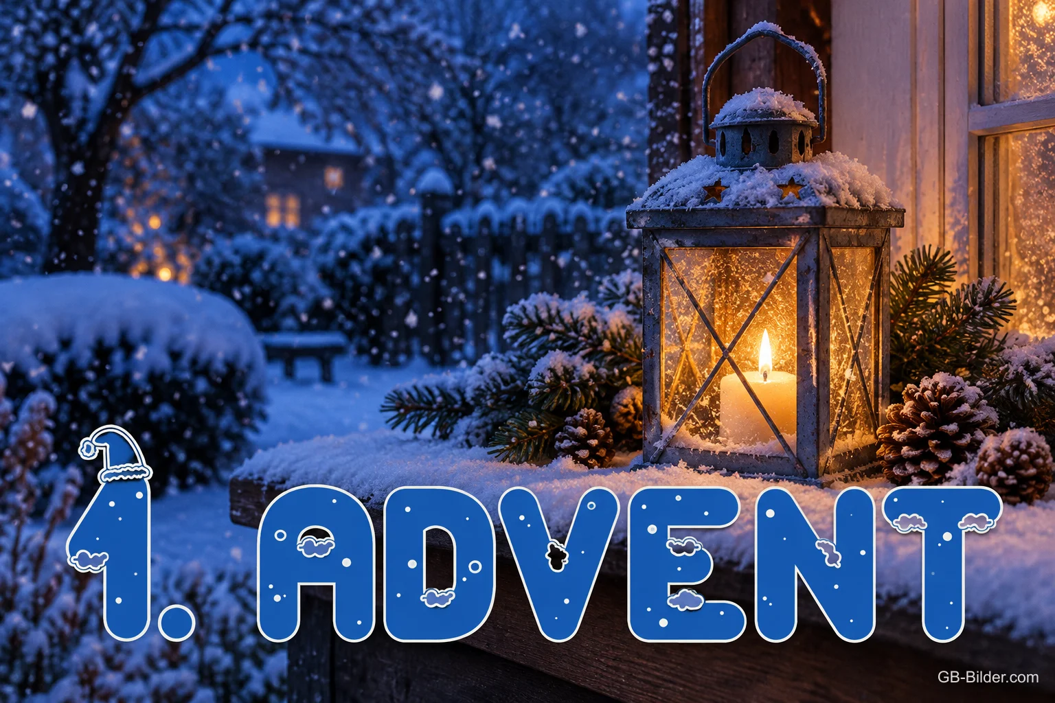 Laterne mit Kerze im Schnee, Text: 1. Advent