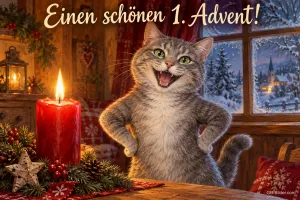 Graue Katze steht lachend neben einer brennenden roten Kerze am Winterfenster, Text: Einen schönen 1. Advent!