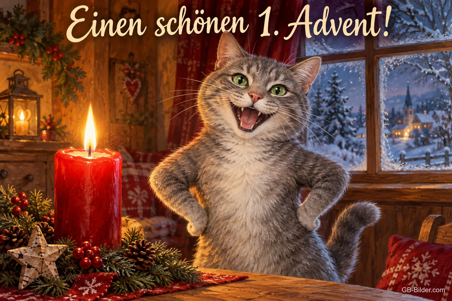 Graue Katze steht lachend neben einer brennenden roten Kerze am Winterfenster, Text: Einen schönen 1. Advent!