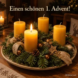 Adventskranz mit einer brennenden gelben Kerze, Text: Einen schönen 1. Advent!