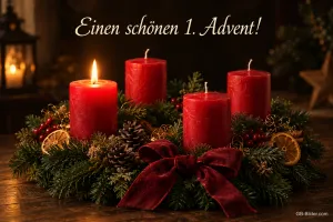 Adventskranz mit roten Kerzen, Text: Einen schönen 1. Advent!