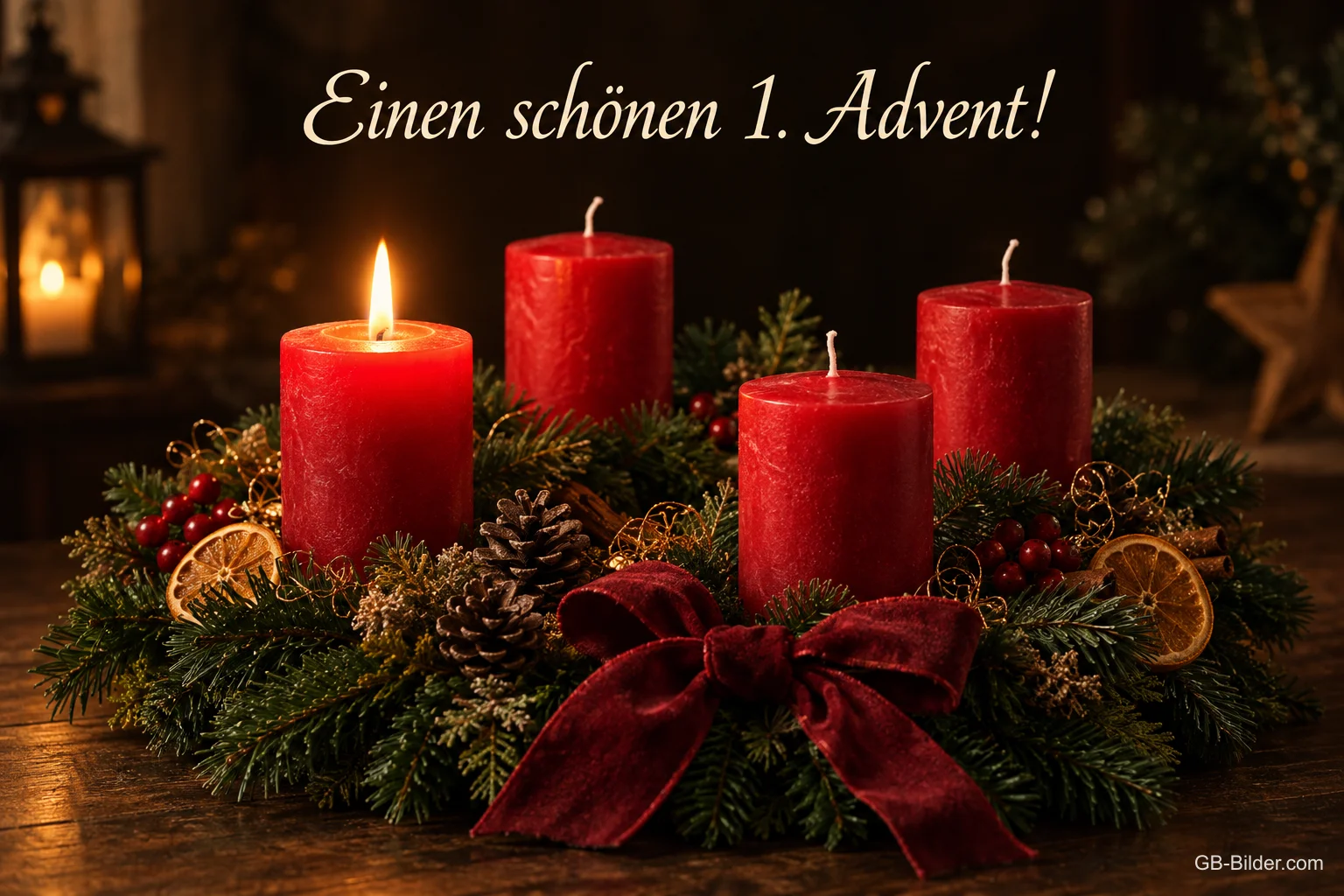 Adventskranz mit roten Kerzen, Text: Einen schönen 1. Advent!
