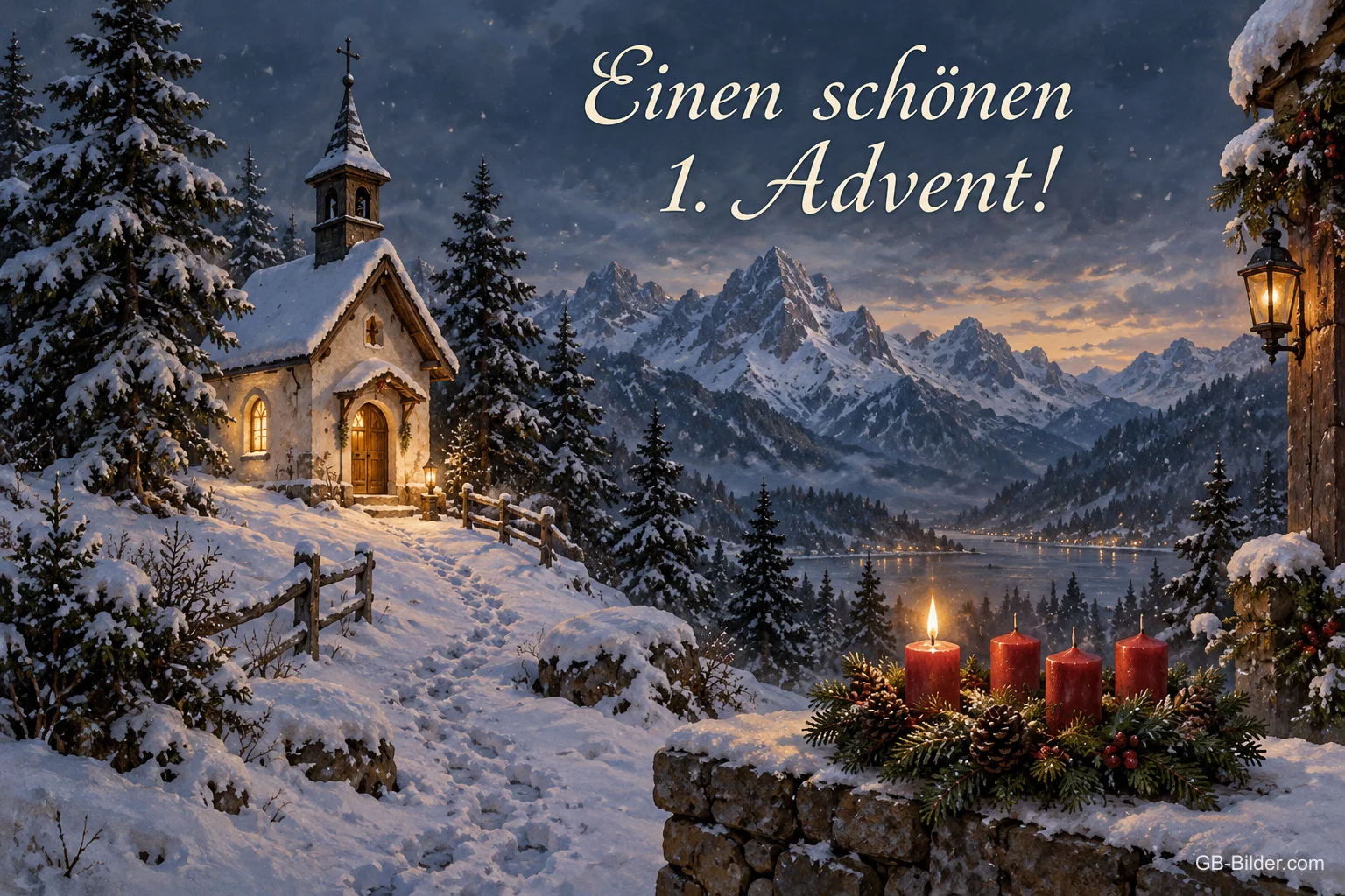 Verschneite Bergkapelle mit Adventskranz, Text: Einen schönen 1. Advent!