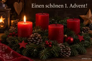 Adventskranz mit einer brennenden roten Kerze, Text: Einen schönen 1. Advent!