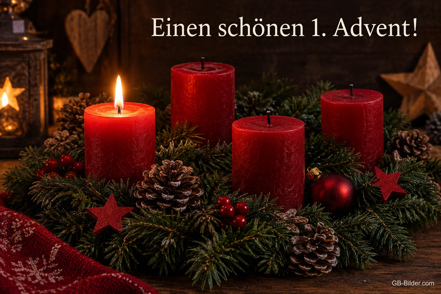 Adventskranz mit einer brennenden roten Kerze, Text: Einen schönen 1. Advent!