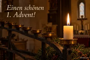 Brennende Kerze in einer Kirche, Text: Einen schönen 1. Advent!