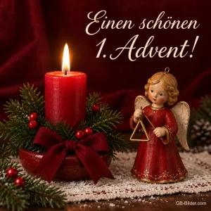 Engelsfigur mit Triangel und roter Kerze, Text: Einen schönen 1. Advent!