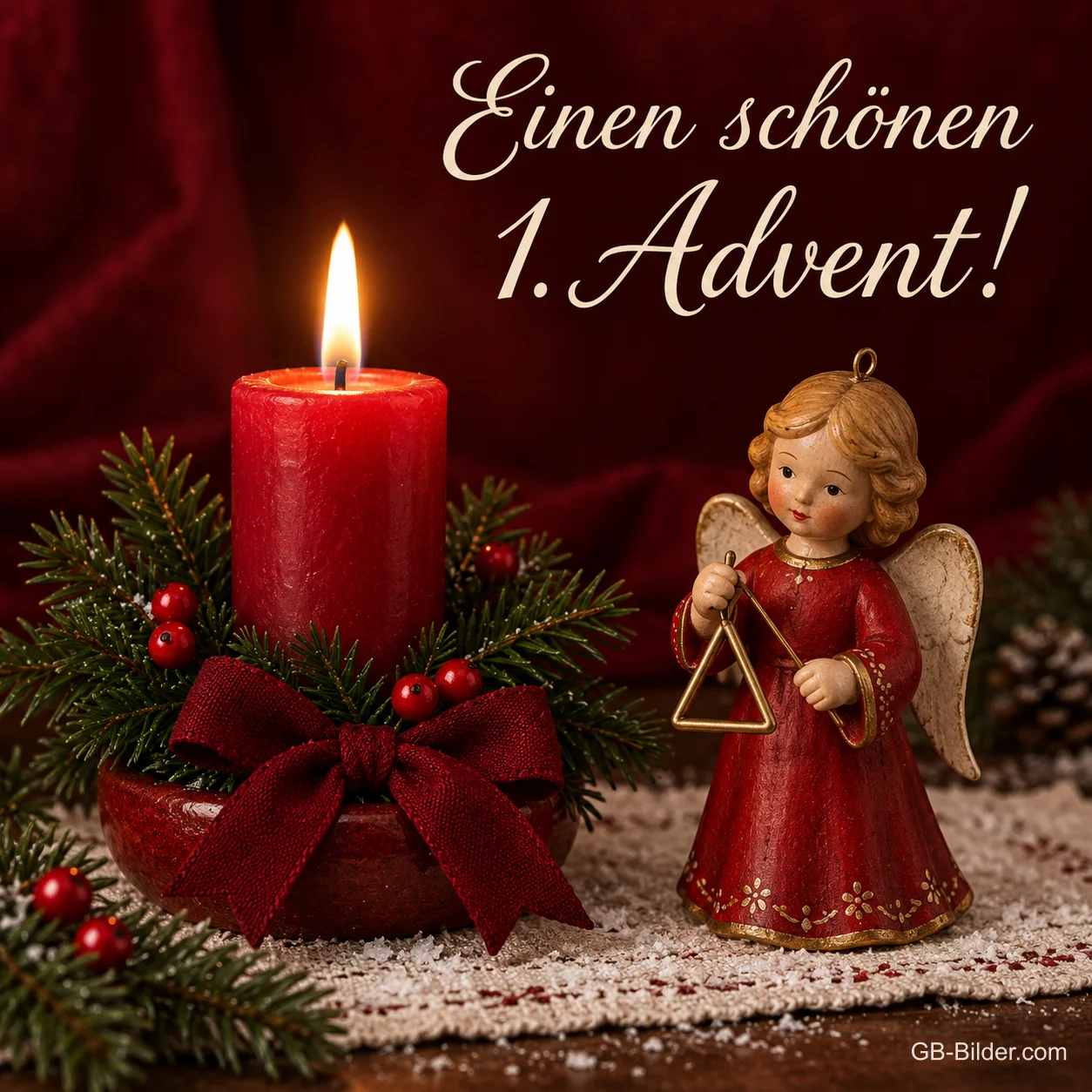 Engelsfigur mit Triangel und roter Kerze, Text: Einen schönen 1. Advent!