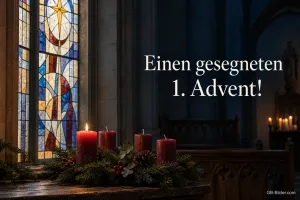 Adventskerzen vor einem Kirchenfenster, Text: Einen gesegneten 1. Advent!