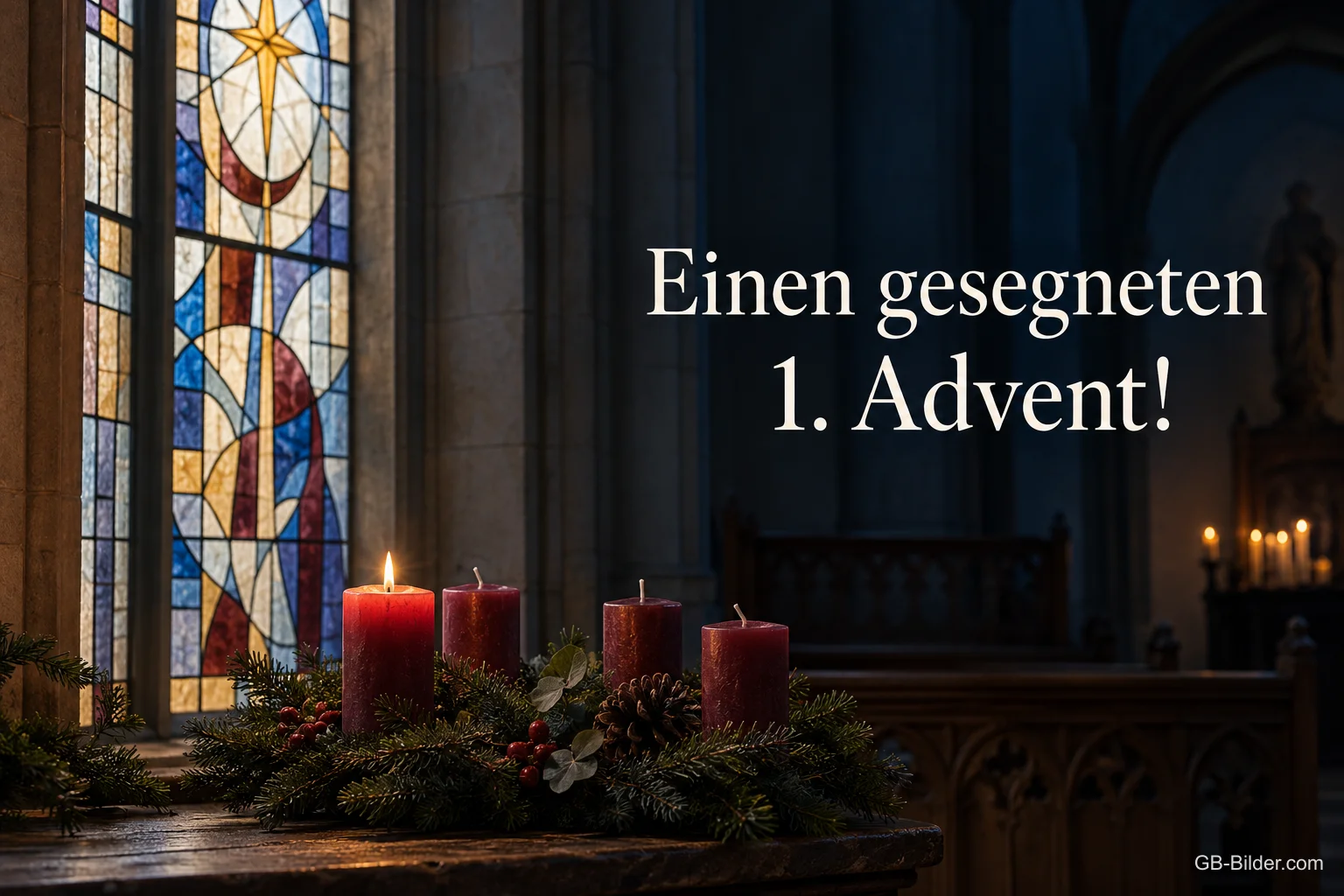 Adventskerzen vor einem Kirchenfenster, Text: Einen gesegneten 1. Advent!