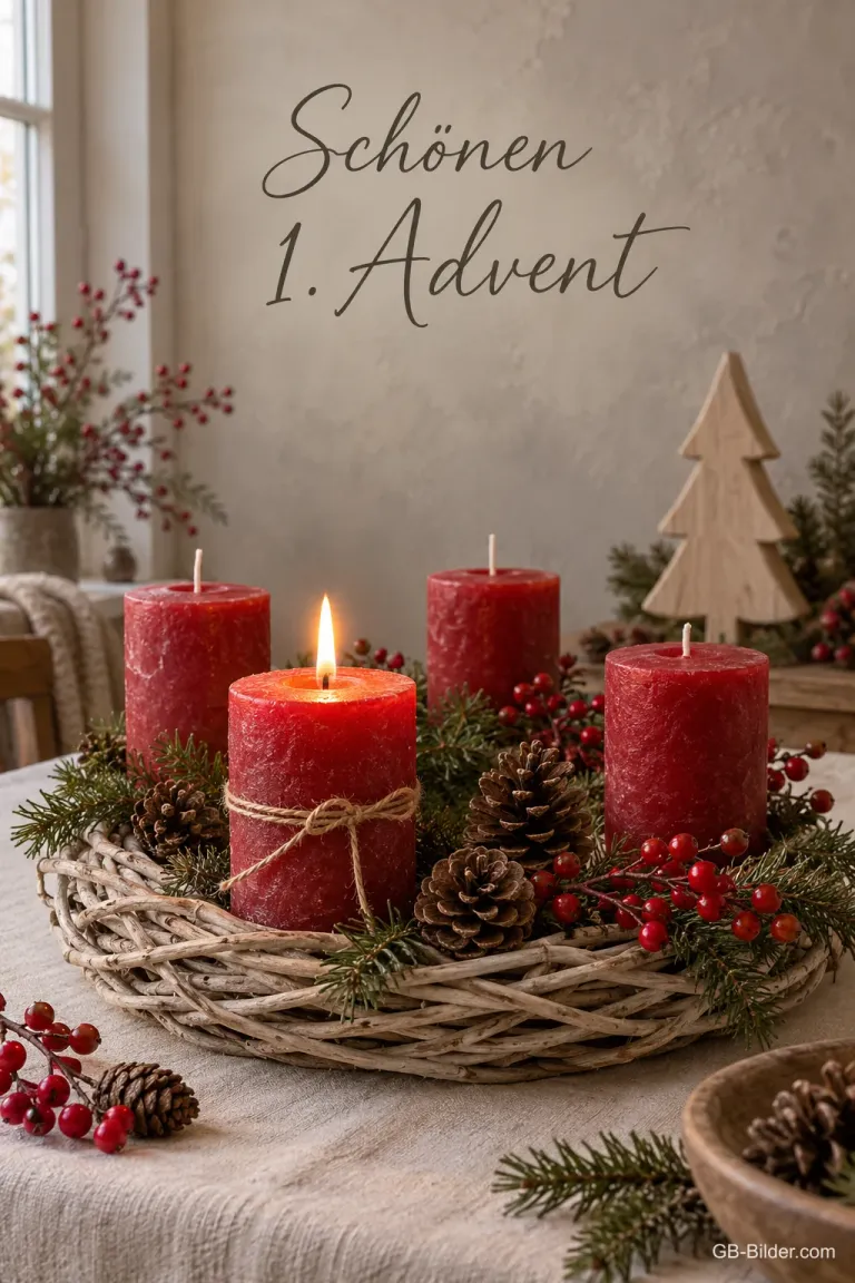 Adventskranz aus Weide mit roten Kerzen, Text: Schönen 1. Advent
