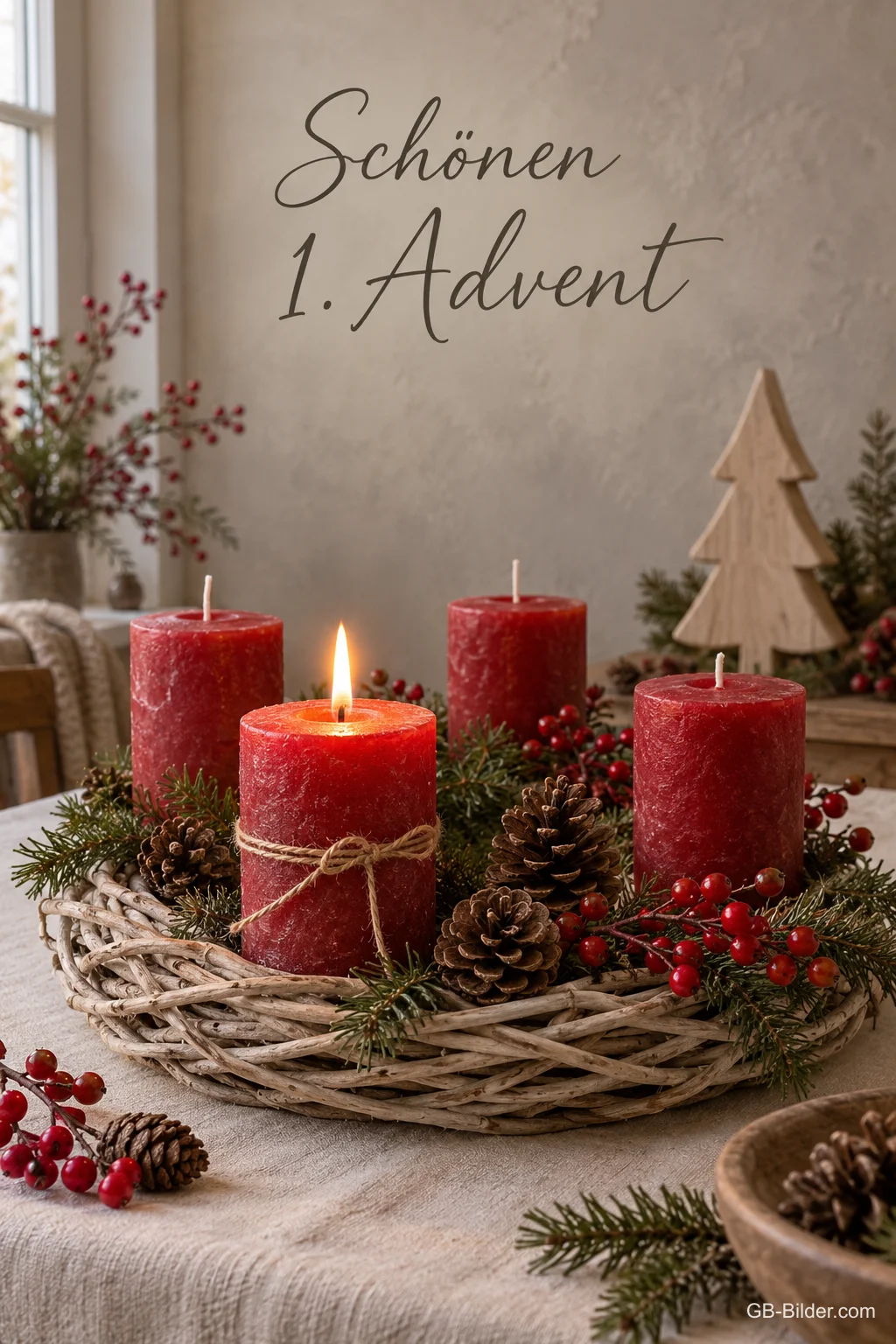 Adventskranz aus Weide mit roten Kerzen, Text: Schönen 1. Advent