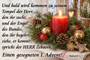 Rote Kerze mit Tannengrün, Bibelvers Maleachi 3,1, Einen gesegneten 1. Advent!