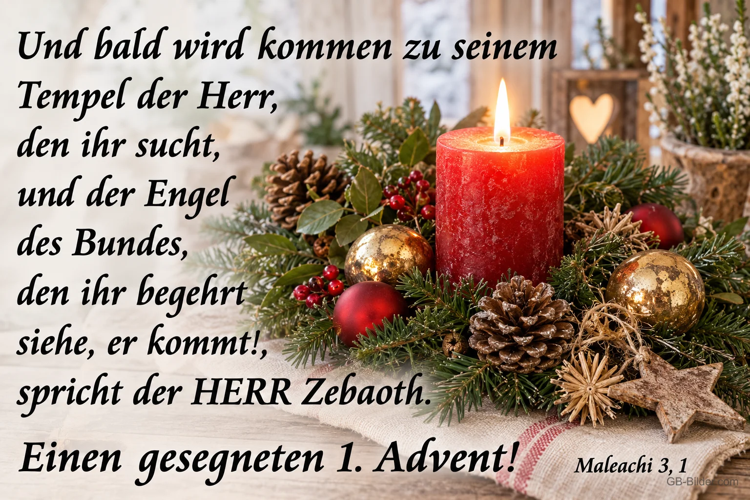 Rote Kerze mit Tannengrün, Bibelvers Maleachi 3,1, Einen gesegneten 1. Advent!