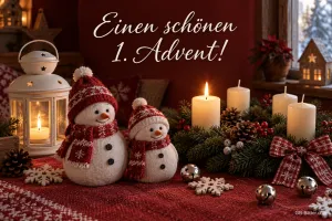 Gestrickte Schneemänner mit Kerzen, Text: Einen schönen 1. Advent