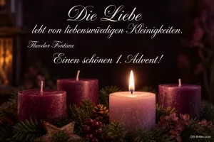 Lila Adventskerzen, Zitat Theodor Fontane, Text: Die Liebe lebt von liebenswürdigen Kleinigkeiten. Theodor Fontane