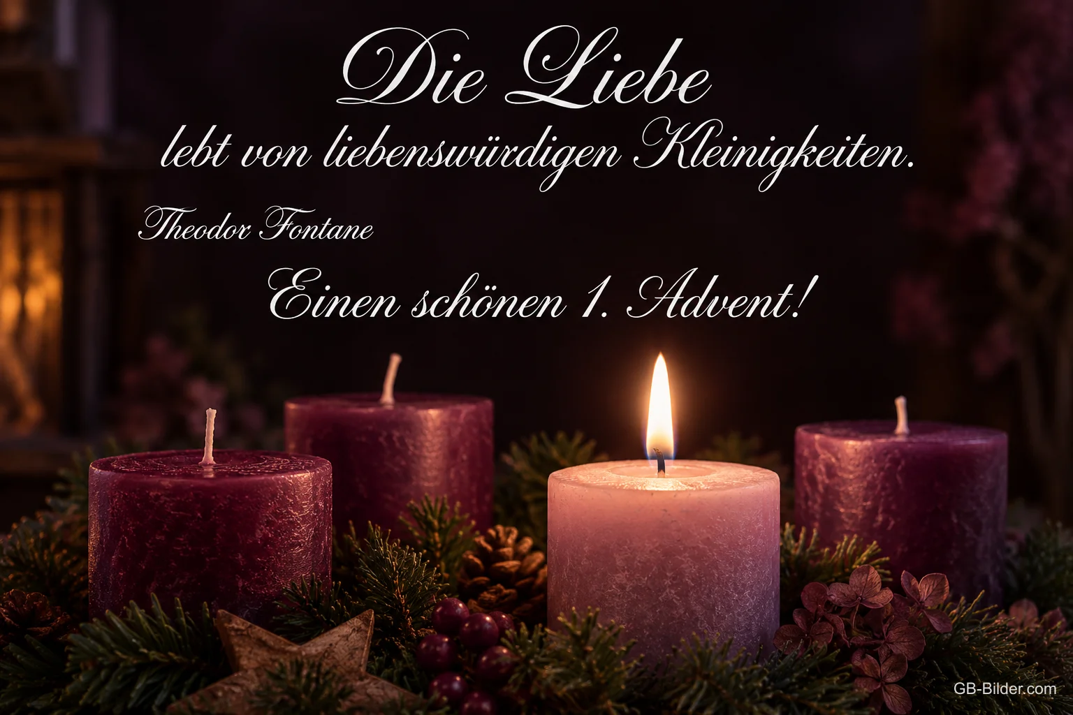Lila Adventskerzen, Zitat Theodor Fontane, Text: Die Liebe lebt von liebenswürdigen Kleinigkeiten. Theodor Fontane Lila Adventskerzen, Zitat Theodor Fontane, Text: Die Liebe lebt von liebenswürdigen Kleinigkeiten. Theodor Fontane