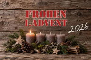 Adventsgesteck auf Holz, Text: Frohen 1. Advent 2026