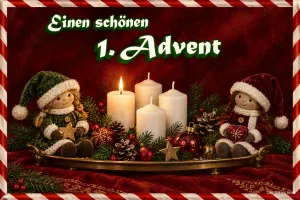 Wichtelpuppen neben Kerzen, Text: Einen schönen 1