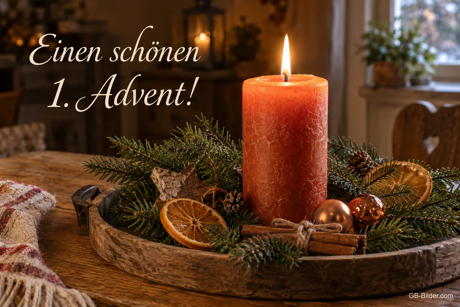 Orange Kerze in der Holzschale, Text: Einen schönen 1 Orange Kerze in der Holzschale, Text: Einen schönen 1