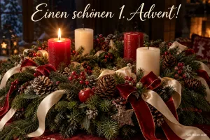 Adventsgesteck mit Schleifen und Tannenzapfen, eine rote Kerze brennt, Text: Einen schönen 1. Advent!