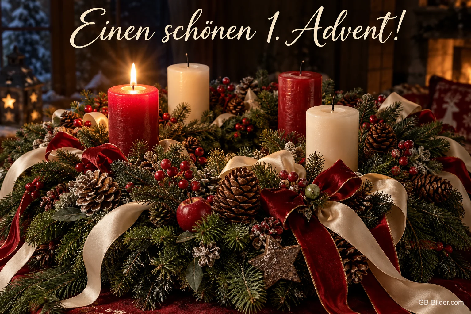 Adventsgesteck mit Schleifen und Tannenzapfen, eine rote Kerze brennt, Text: Einen schönen 1. Advent! Adventsgesteck mit Schleifen und Tannenzapfen, eine rote Kerze brennt, Text: Einen schönen 1. Advent!