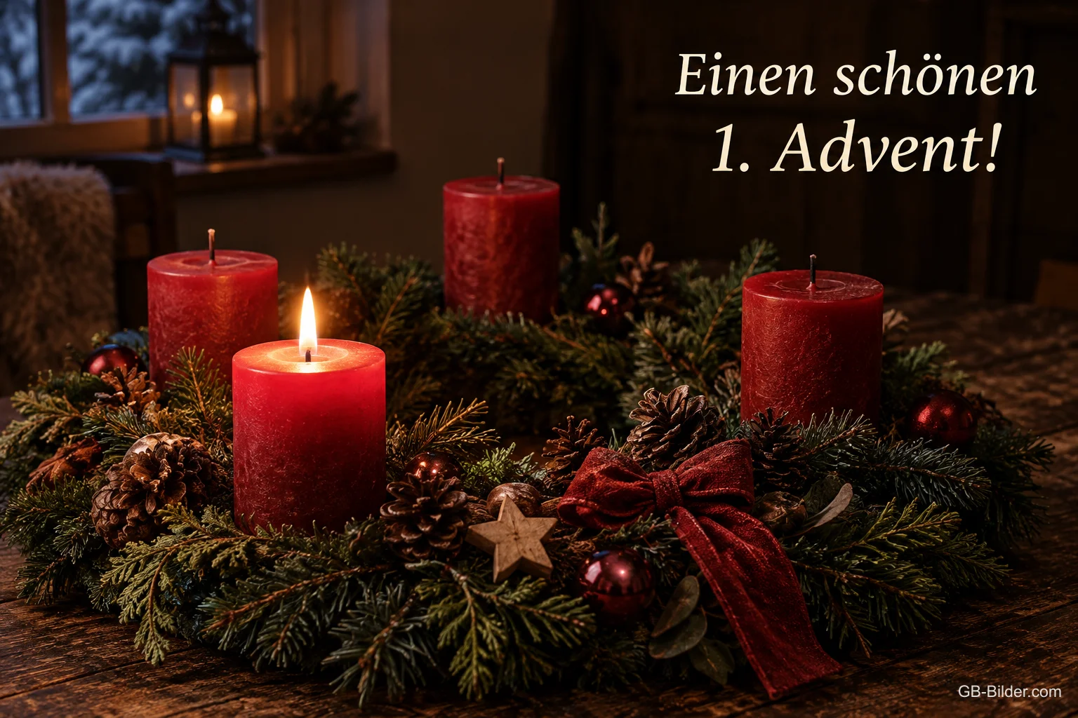 Adventskranz mit vier roten Kerzen, eine davon brennt, Text: Einen schönen 1. Advent!