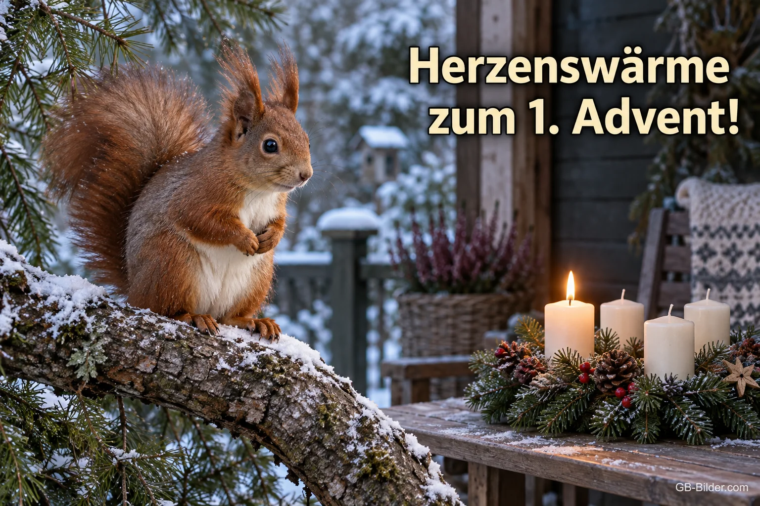 Eichhörnchen auf einem verschneiten Ast neben einem Adventskranz mit Kerzen, Text: Herzenswärme zum 1. Advent!
