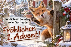 Fuchs winkt an einem verschneiten Zaunpfosten, Laterne mit Kerze, Text: Für dich ein Sonntag voller Vorfreude. Fröhlichen 1. Advent!
