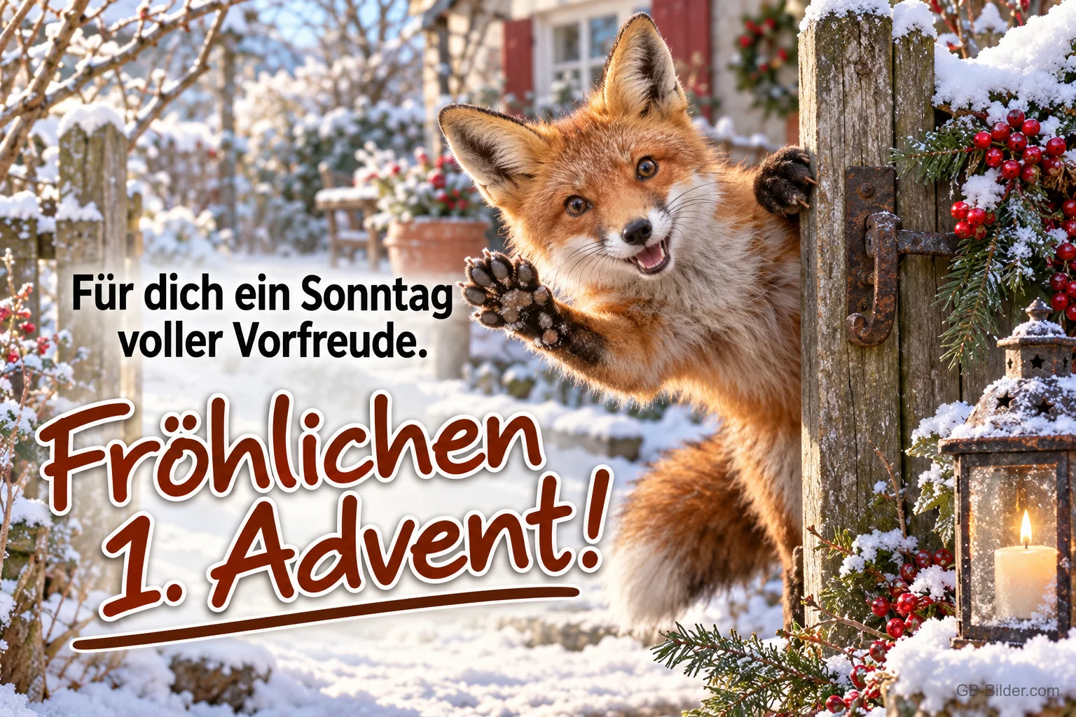 Fuchs winkt an einem verschneiten Zaunpfosten, Laterne mit Kerze, Text: Für dich ein Sonntag voller Vorfreude. Fröhlichen 1. Advent!