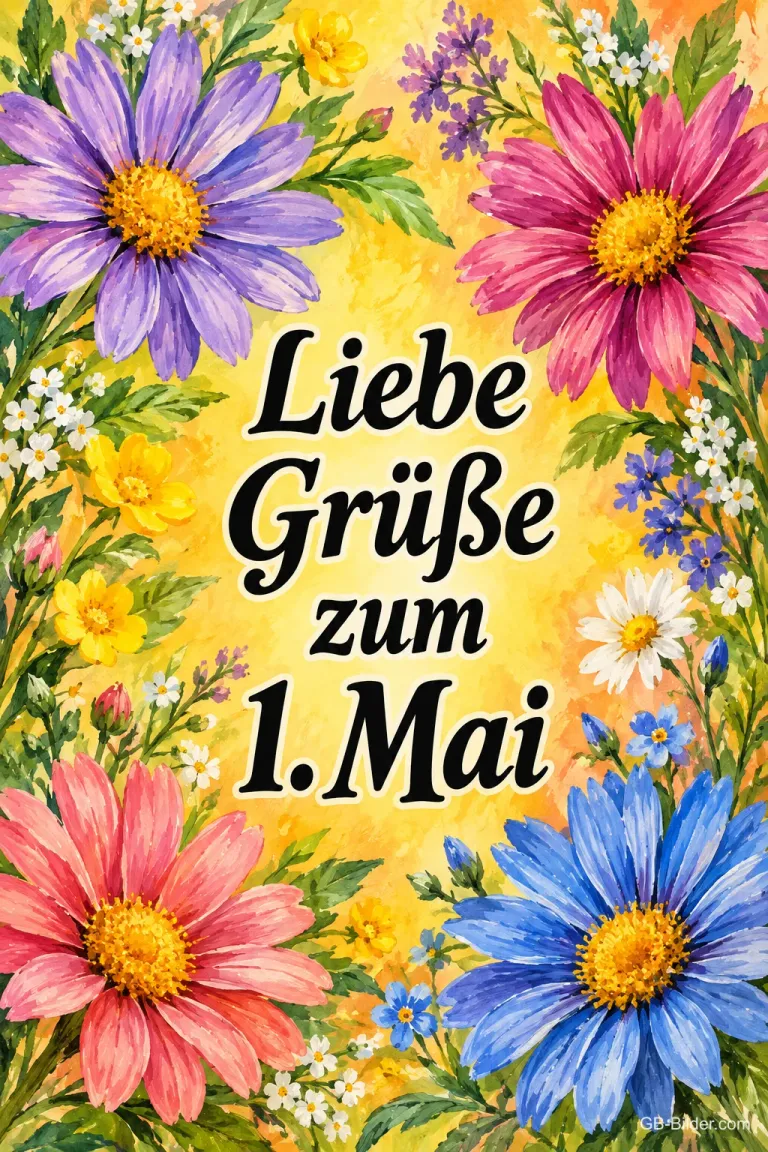 Bunte Blumen in einem Rahmen um die Schrift, Text: Liebe Grüße zum 1. Mai