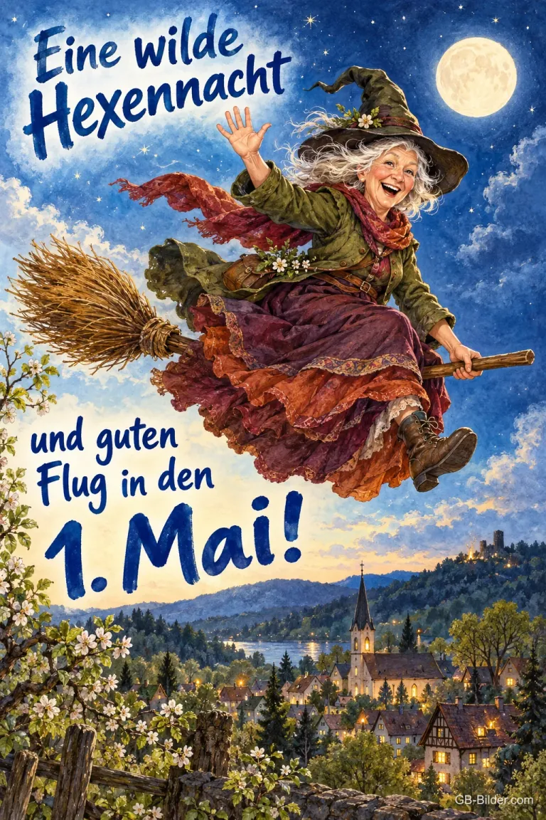 Lachende Hexe fliegt auf dem Besen über ein Dorf, Text: Eine wilde Hexennacht – und guten Flug in den 1. Mai!