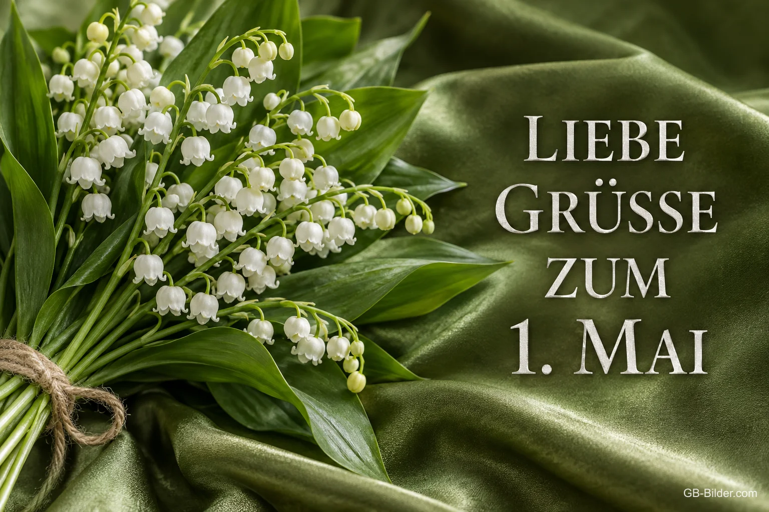 Maiglöckchenstrauß auf grünem Seidenstoff, Text: LIEBE GRÜSSE ZUM 1. MAI