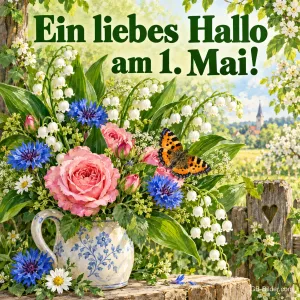 Krug mit Rosen, Kornblumen und Maiglöckchen, Schmetterling, Text: Ein liebes Hallo am 1. Mai!