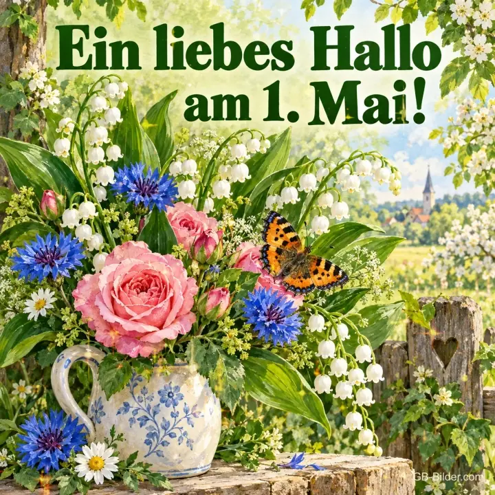 Krug mit Rosen, Kornblumen und Maiglöckchen, Schmetterling, Text: Ein liebes Hallo am 1. Mai!