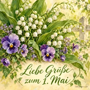 Maiglöckchen und Stiefmütterchen in Aquarell, Text: Liebe Grüße zum 1. Mai