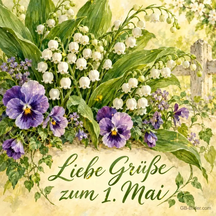 Maiglöckchen und Stiefmütterchen in Aquarell, Text: Liebe Grüße zum 1. Mai